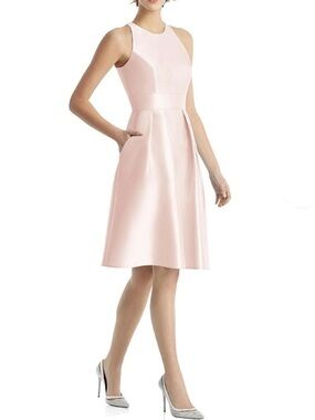 NEW ALFRED SUNG Jewel Neck Satin Twill Cocktail Dress # D769 in Blush Pink #F7